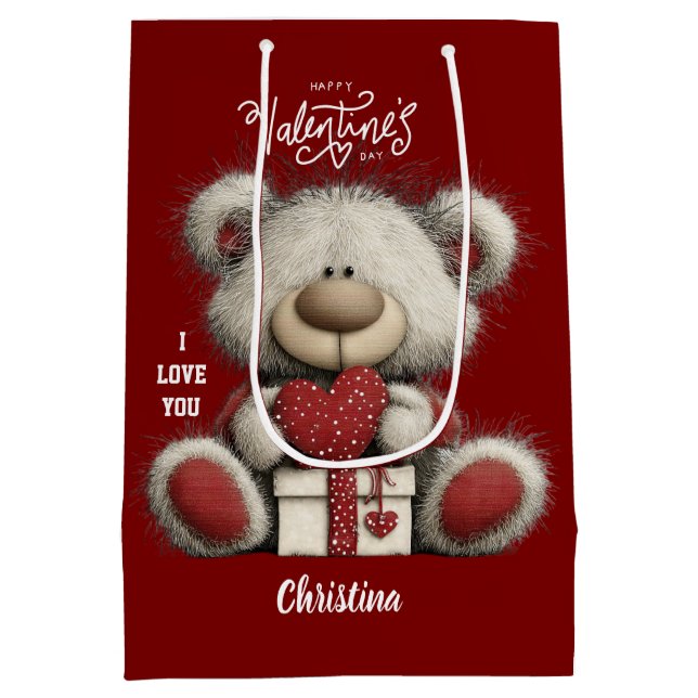 Cute Bear Happy Valentines Day Custom Name  Mittlere Geschenktüte (Rückseite)