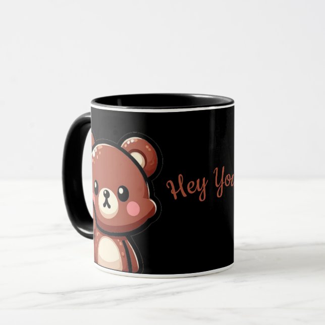 Cute Bear Hey You Mug | Kawaii Black Coffee Cup Tasse (Vorderseite Links)