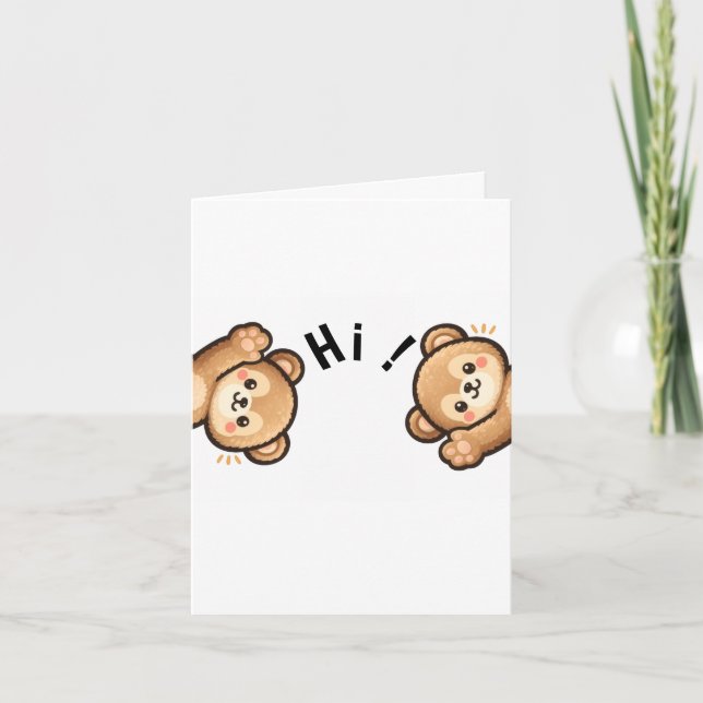 Cute Bear Hi Folded Card | Kawaii Invitation Einladung (Vorderseite)
