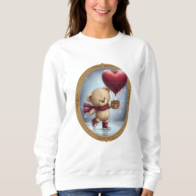 Cute Bear Holding Heart Balloon in Snowy Sky – Ado Sweatshirt (Vorderseite)