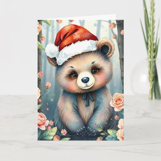 Cute Bear in Christmas hat Christmas card Karte (Vorderseite)
