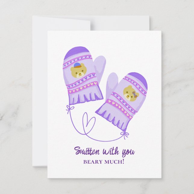 Cute Bear Love Purple Mittens Valentine's Day Card (Vorderseite)