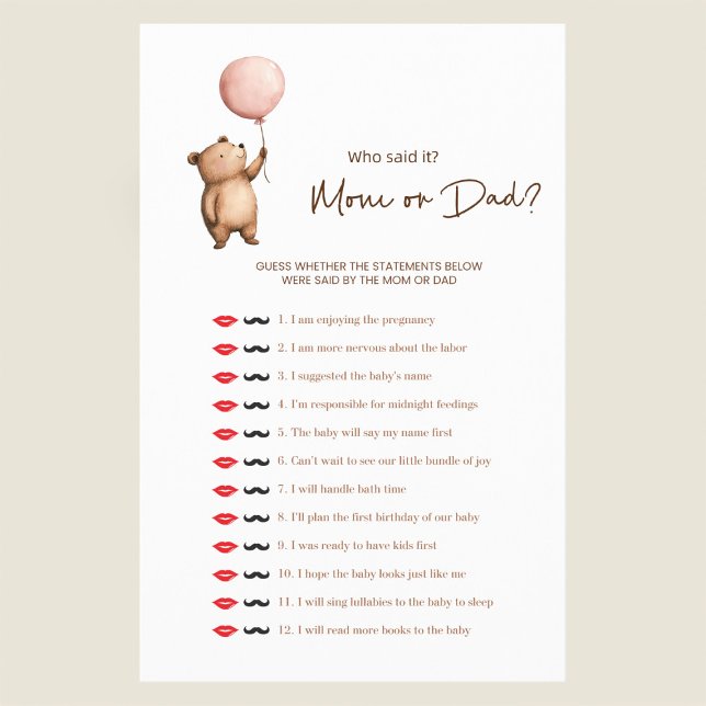 Cute Bear "Mom or Dad?" Baby Shower Game Flyer (Von Creator hochgeladen)