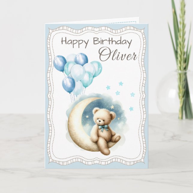 Cute Bear on the Moon Birthday Card for Boy  Karte (Vorderseite)