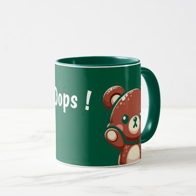 Cute Bear Oops Green Mug | Kawaii Coffee Cup Tasse (VorderseiteRechts)