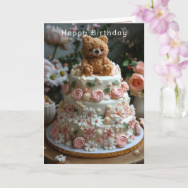 Cute Bear Pink Roses White Daisies Happy Birthday Karte