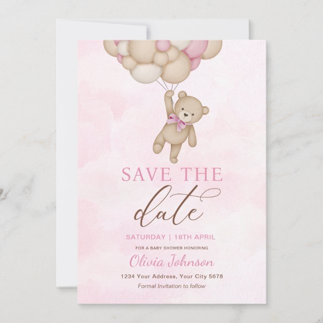 Cute Bear Pink Save the Date Einladung (Vorderseite)