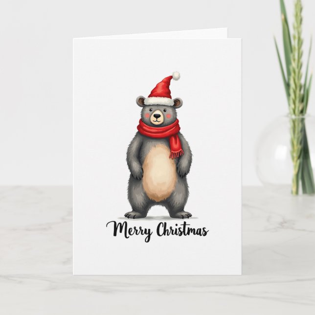 Cute Bear Santa Hat Scarf Merry Christmas Card Art Karte (Vorderseite)