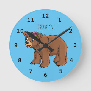Cute bear with flower cartoon illustration runde wanduhr