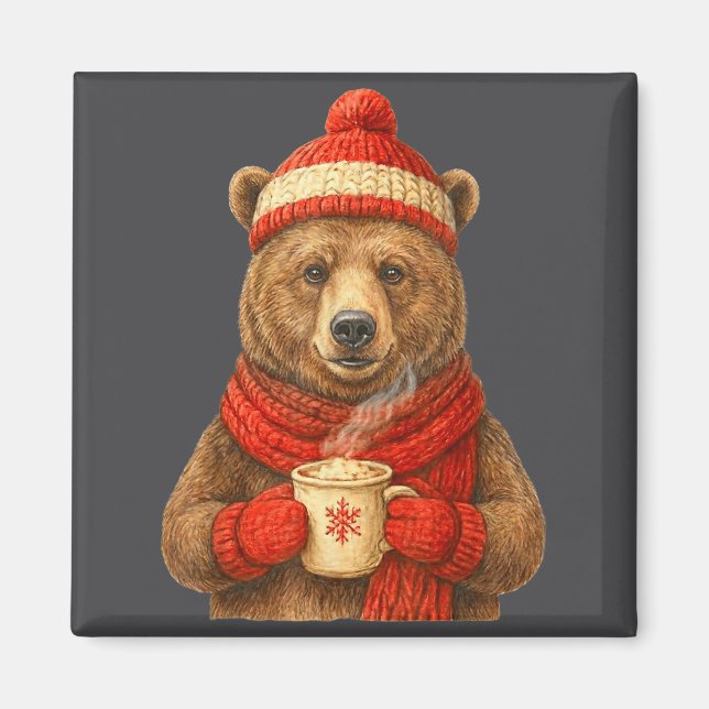Cute Bear With Santa Hat Coffee Lover Funny Winter Magnet (Vorne)