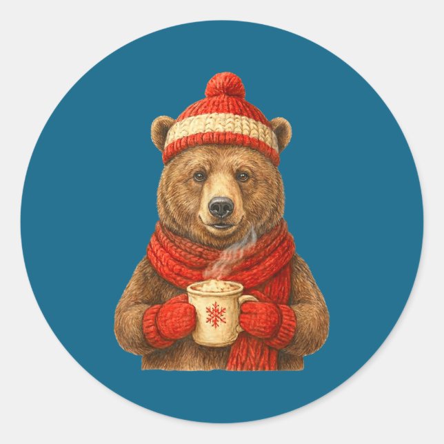 Cute Bear With Santa Hat Coffee Lover Funny Winter Runder Aufkleber (Vorderseite)