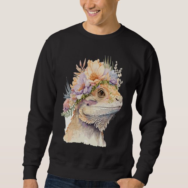 Cute Bearded Dragon Flower Crown Floral Watercolor Sweatshirt (Vorderseite)