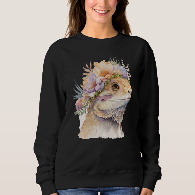 Cute Bearded Dragon Flower Crown Floral Watercolor Sweatshirt (Vorderseite)