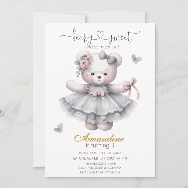 Cute bearly sweet  girl birthday  Invitation Einladung (Vorderseite)