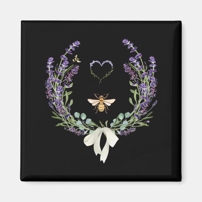 Cute Bee Bow Lavender Flower Heart Botanical Natur Magnet (Vorne)