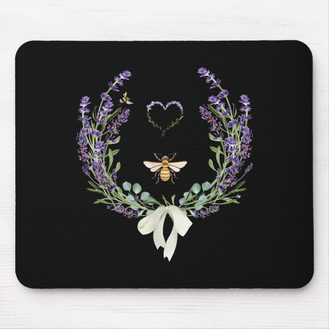 Cute Bee Bow Lavender Flower Heart Botanical Natur Mousepad (Vorne)
