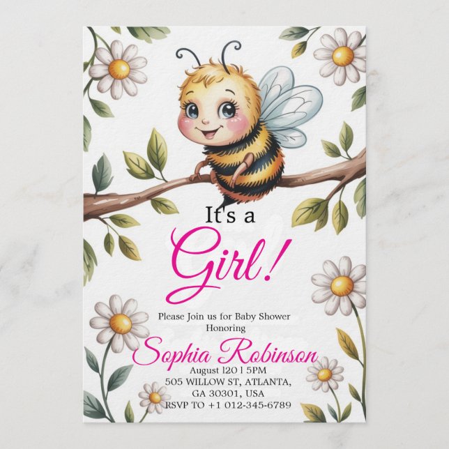 Cute Bee & Daisy Baby Shower Invitation Einladung (Vorderseite)