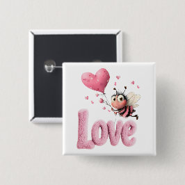 Cute Bee Fluffy Pink Love Heart Balloon  Button