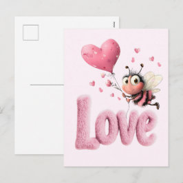 Cute Bee Fluffy Pink Love Heart Balloon Design Feiertagspostkarte
