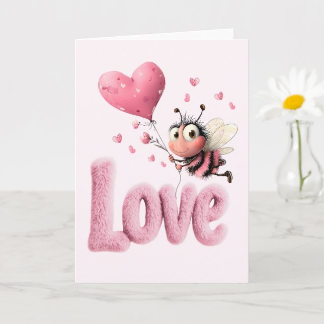 Cute Bee Fluffy Pink Love Heart Balloon Design Karte (Kleine Pflanze)
