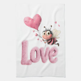 Cute Bee Fluffy Pink Love Heart Balloon  Geschirrtuch