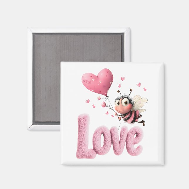 Cute Bee Fluffy Pink Love Heart Balloon  Magnet (Vorderseite/Rückseite)