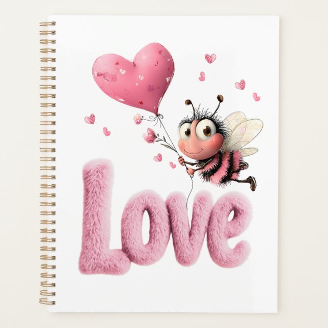 Cute Bee Fluffy Pink Love Heart Balloon  Planer (Vorderseite)