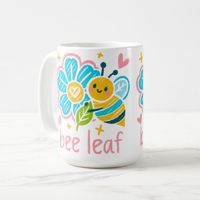 Cute Bee Leaf Believe Pun Inspirational Floral Tea Kaffeetasse (Vorderseite Links)