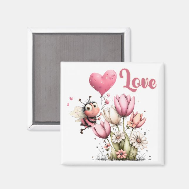 Cute Bee Love Heart Balloon Spring Flowers Magnet (Vorderseite/Rückseite)