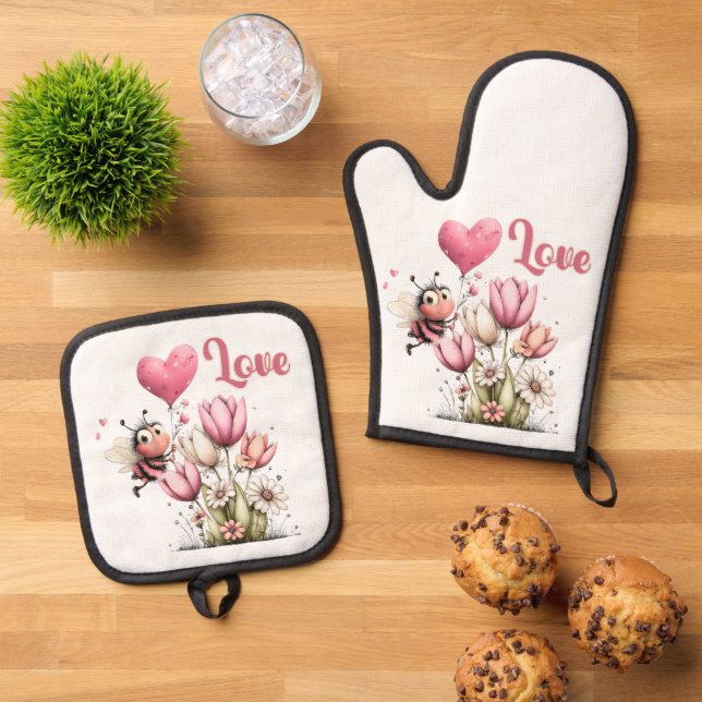 Cute Bee Love Heart Balloon Spring Flowers Ofenhandschuh & Topflappen-Set (Oben Unten)