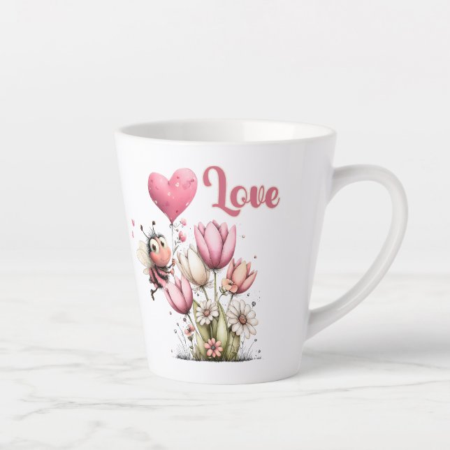Cute Bee Love Heart & Floral  Milchtasse (Rechts)