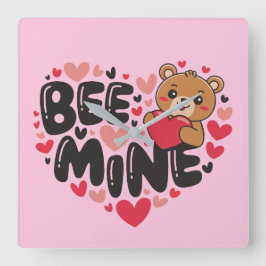 Cute Bee Mine Teddy Bear Valentine's Day Quadratische Wanduhr