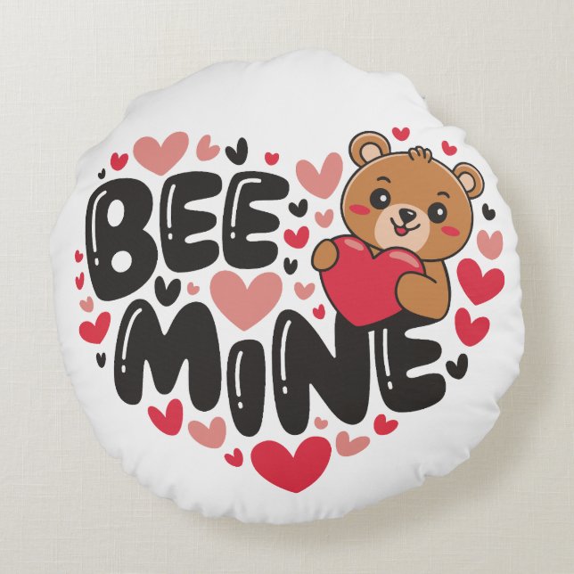 Cute Bee Mine Teddy Bear Valentine's Day Rundes Kissen (Rückseite)