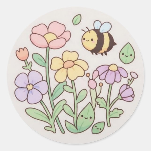 Cute Bee & Smiling Flowers Sticker - Pastel Floral (Vorderseite)