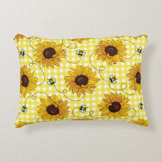 Cute bees and sunflowers on a checkered background dekokissen
