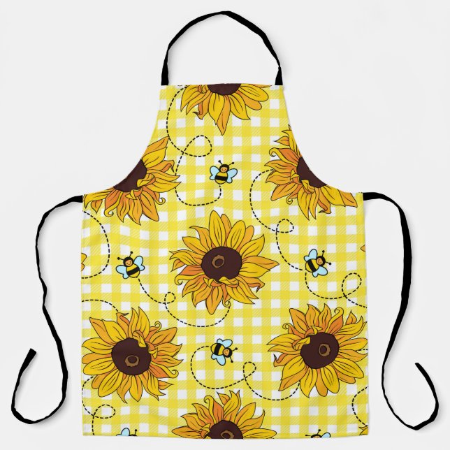 Cute bees and sunflowers on a checkered background schürze (Vorderseite)