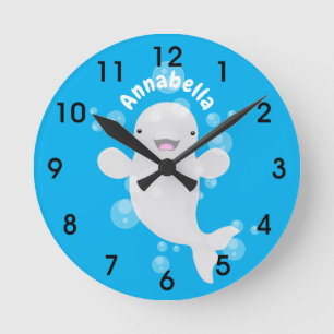 Cute beluga whale bubbles cartoon illustration runde wanduhr