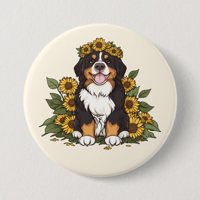 Cute Bernese Mountain Dog Wearing Sunflower Crown Button (Vorderseite)