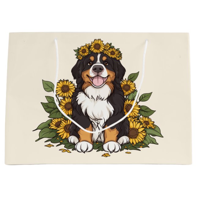 Cute Bernese Mountain Dog Wearing Sunflower Crown Große Geschenktüte (Vorderseite)