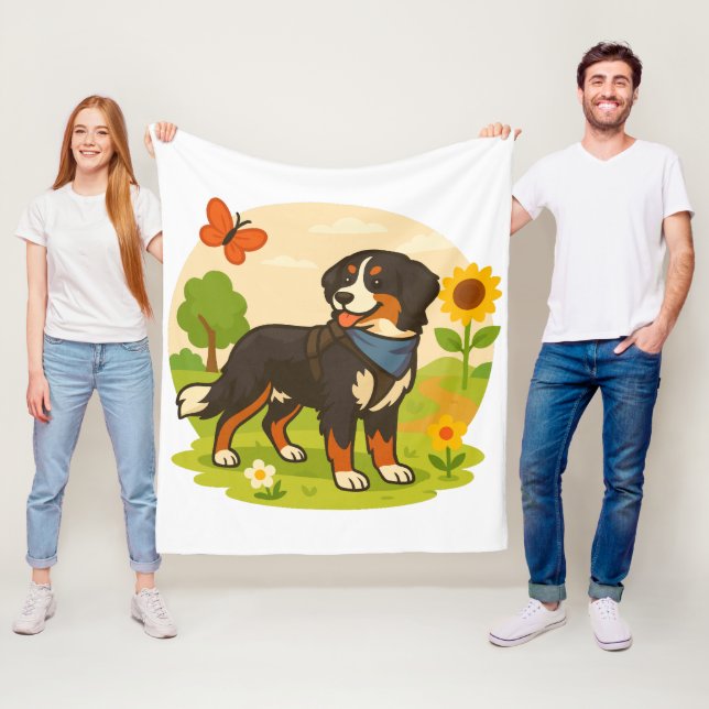 Cute Bernese Mountain Dog with Sunflower & Butterf Fleecedecke (Beispiel)