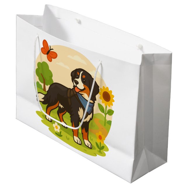 Cute Bernese Mountain Dog with Sunflower & Butterf Große Geschenktüte (Vorderseite Schrägansicht)