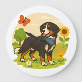 Cute Bernese Mountain Dog with Sunflower & Butterf Große Wanduhr