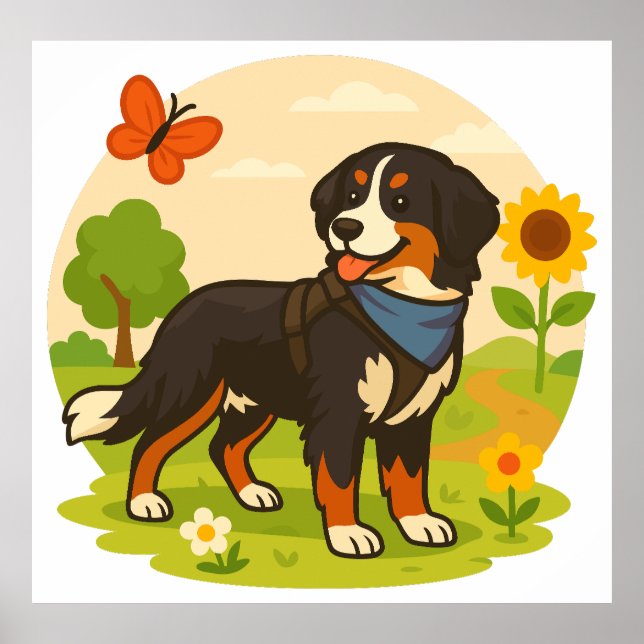 Cute Bernese Mountain Dog with Sunflower & Butterf Poster (Vorne)