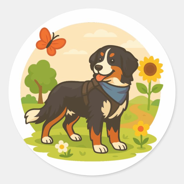 Cute Bernese Mountain Dog with Sunflower & Butterf Runder Aufkleber (Vorderseite)