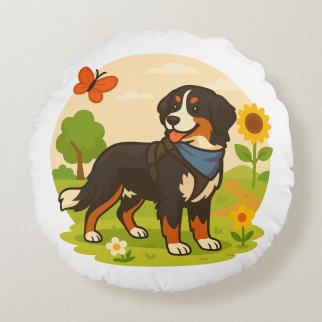 Cute Bernese Mountain Dog with Sunflower & Butterf Rundes Kissen (Vorderseite)