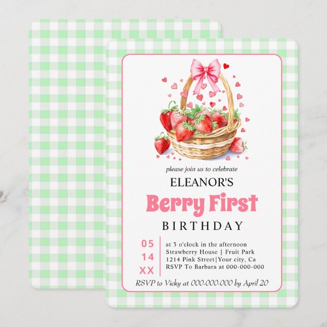Cute Berry First Birthday strawberries for girls Einladung (Vorne/Hinten)