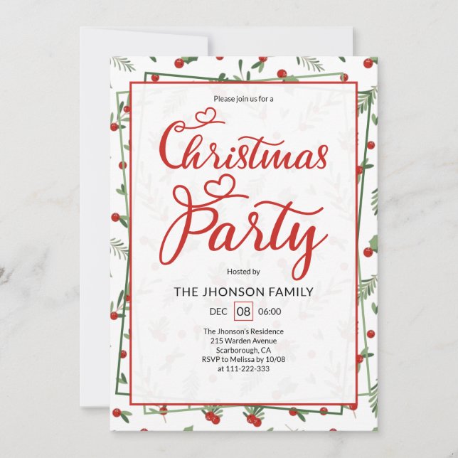 Cute Berry Pattern Calligraphy Christmas Party  Einladung (Vorderseite)