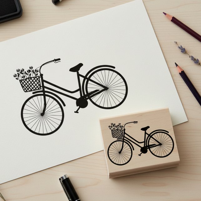 Cute Bicycle with Flowers Wooden Art Stamp Gummistempel (Cute bicycle with flowers wooden art stamp.)