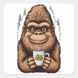 Cute Bigfoot Drinking Coffee  Funny Sasquatch  Quadratischer Aufkleber