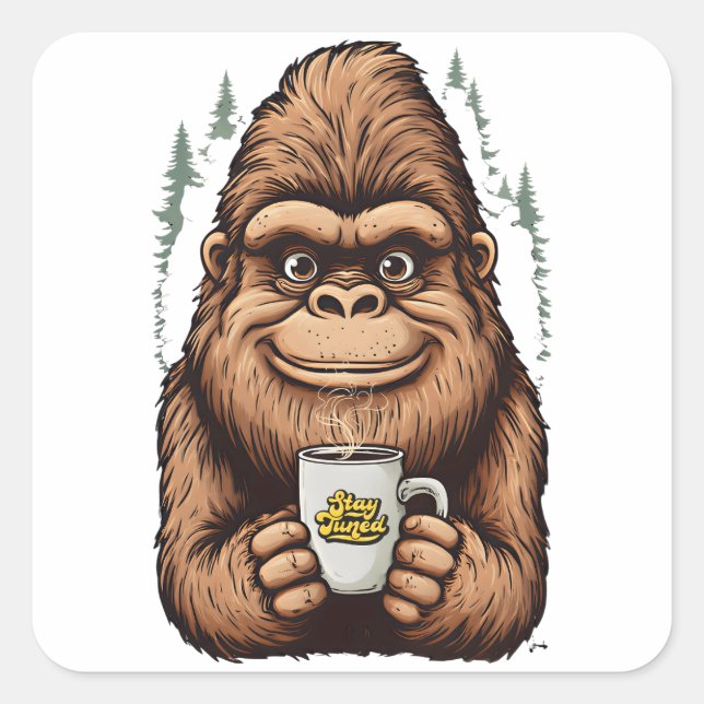 Cute Bigfoot Drinking Coffee  Funny Sasquatch  Quadratischer Aufkleber (Vorderseite)